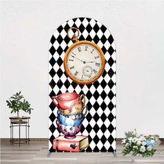 Lofaris Alice in Wonderland Inspired Birthday Arch Backdrop Mad Hatter Tea Party with Clock Whimsical Photo Prop Decor