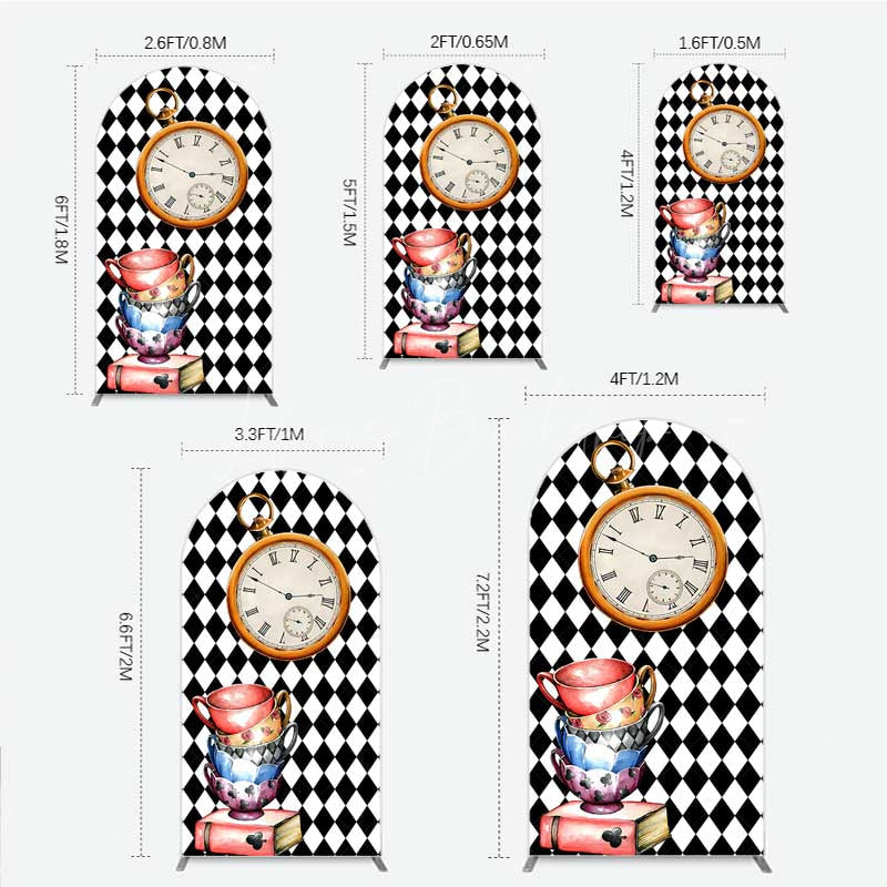 Lofaris Alice in Wonderland Inspired Birthday Arch Backdrop Mad Hatter Tea Party with Clock Whimsical Photo Prop Decor