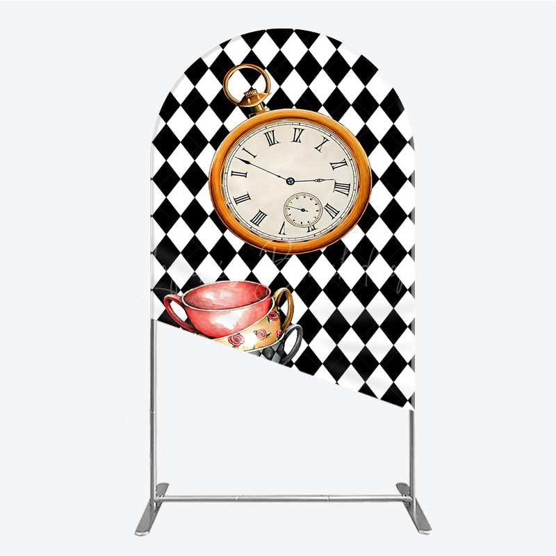 Lofaris Alice in Wonderland Inspired Birthday Arch Backdrop Mad Hatter Tea Party with Clock Whimsical Photo Prop Decor