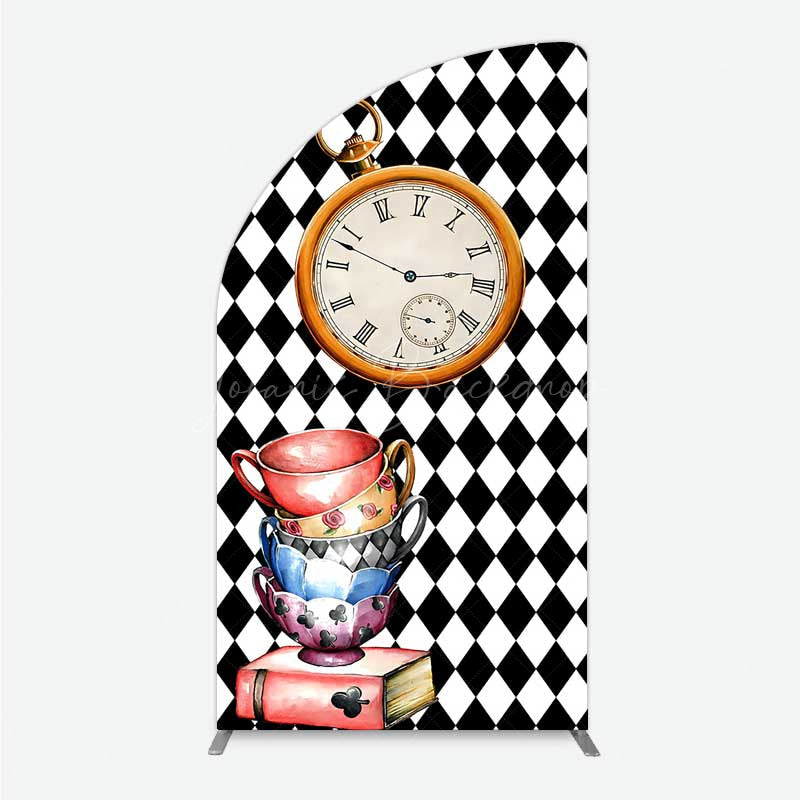 Lofaris Alice in Wonderland Inspired Birthday Half Moon Arch Backdrop Mad Hatter Tea Party with Clock Whimsical Photo Prop Decor