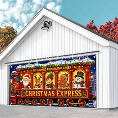 Lofaris All Aboard for Holiday Cheer Christmas Express Train with Santa Reindeer Elf Snowman Garage Door Banner