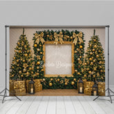 Lofaris All Gold Elegant Christmas Photography Backdrop Frame with Garland and Trees Luxury Holiday Photo Background