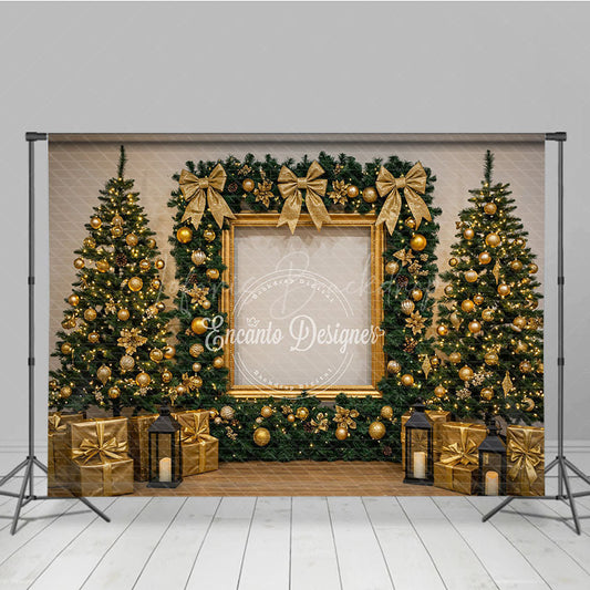 Lofaris All Gold Elegant Christmas Photography Backdrop Frame with Garland and Trees Luxury Holiday Photo Background