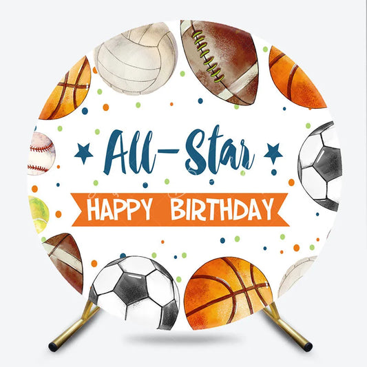 Lofaris All-Star Happy Birthday Sports Balls Round Backdrop with Basketball Football and Soccer for Kids Party Decor