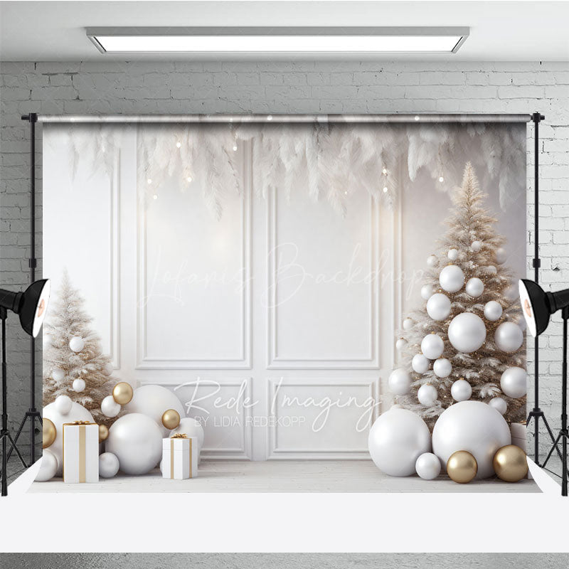 Lofaris All White and Gold Christmas Photography Backdrop Elegant Room with Trees Modern Holiday Photo Background