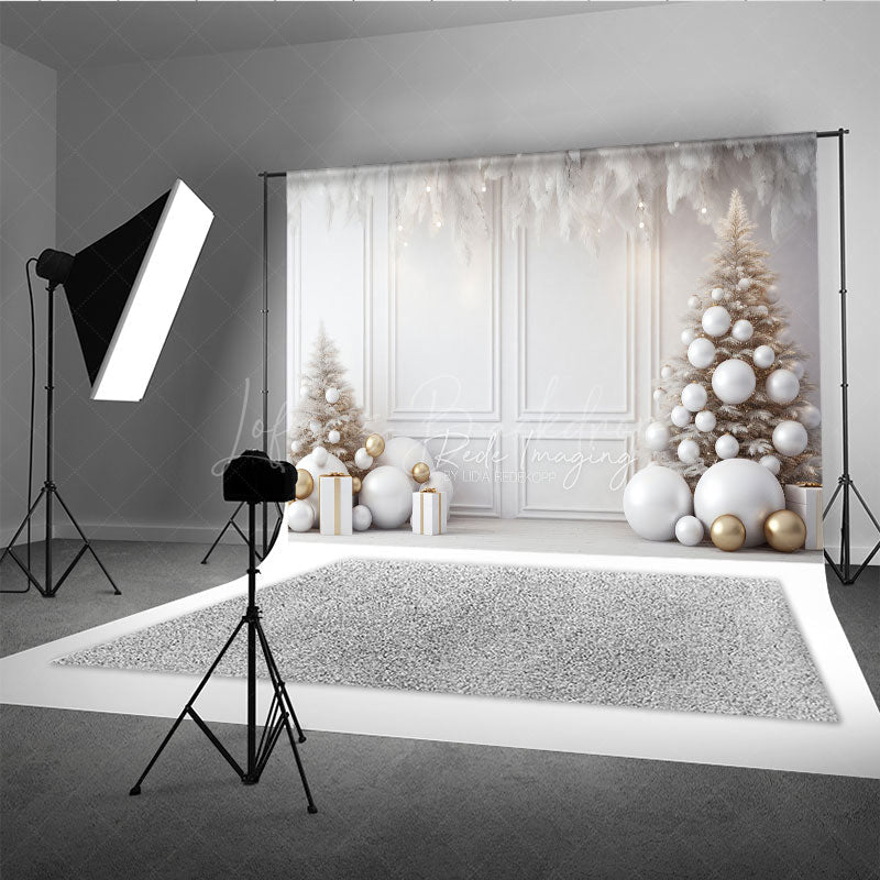 Lofaris All White and Gold Christmas Photography Backdrop Elegant Room with Trees Modern Holiday Photo Background
