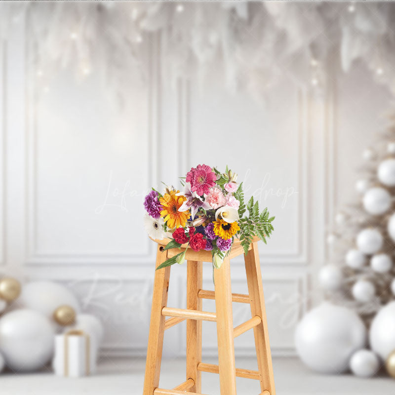 Lofaris All White and Gold Christmas Photography Backdrop Elegant Room with Trees Modern Holiday Photo Background