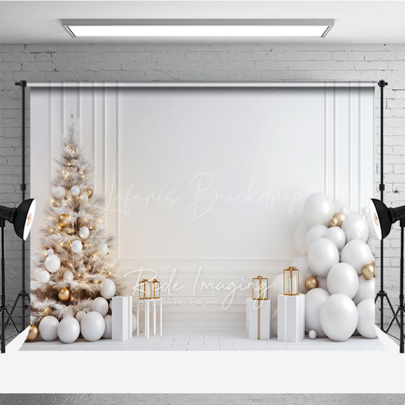 Lofaris All White Christmas Photography Backdrop Minimalist and Modern with Gold Ornaments Elegant Holiday Background