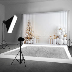 Lofaris All White Christmas Photography Backdrop Minimalist and Modern with Gold Ornaments Elegant Holiday Background