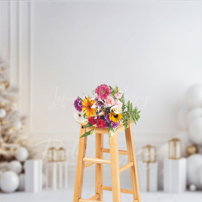 Lofaris All White Christmas Photography Backdrop Minimalist and Modern with Gold Ornaments Elegant Holiday Background