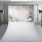 Lofaris All White Christmas Room Sweep Backdrop Elegant and Modern with Gold Ornaments Holiday Photo Studio Floor Drop