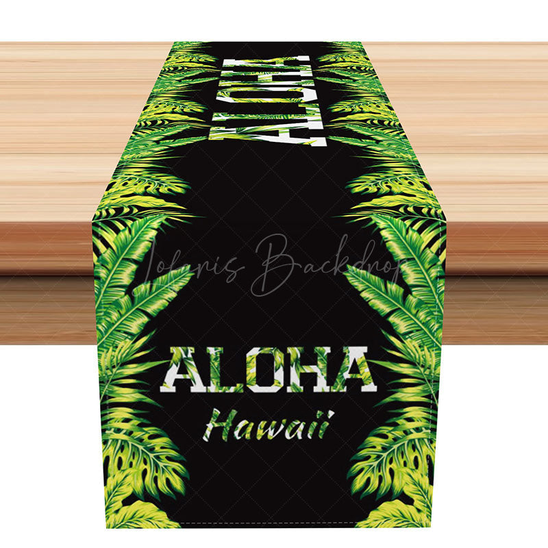 Lofaris Aloha Hawaiian Summer Table Runner with Green Tropical Leaves for Luau and Beach Themed Party Decor