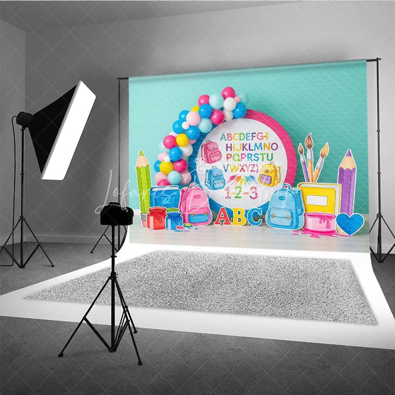 Lofaris Alphabet Back To School Backdrop Colorful ABC Letters Backpacks Background Kindergarten Photography Prop