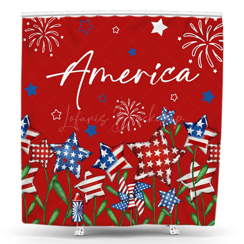 Lofaris America Red Sparkle Flag Star Floral Shower Curtain