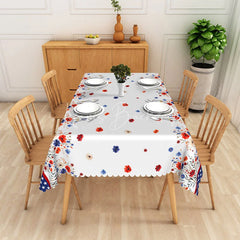 Lofaris American Flag Floral Rectangle Tablecloth Red White and Blue Scalloped Edge for Patriotic Decor