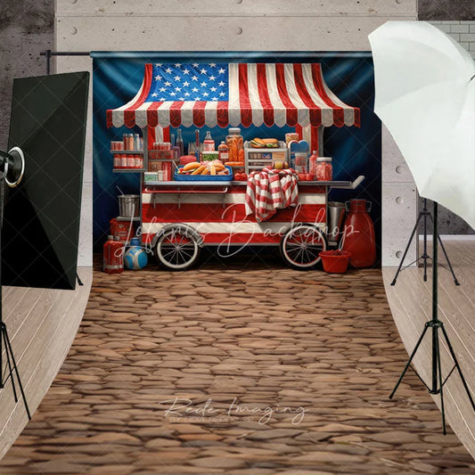 Lofaris American Flag Hot Dog Stand Sweep Backdrop Patriotic Street Food Cart for Summer Celebrations with Cobblestone Floor