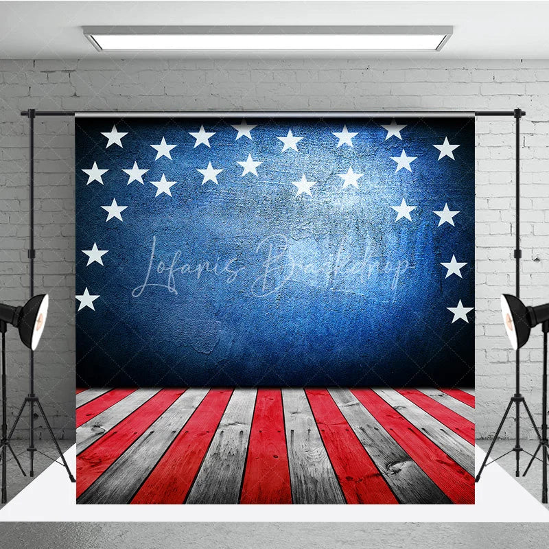 Lofaris American Flag Stars Blue Wall Red White Wood Floor Photography Backdrop