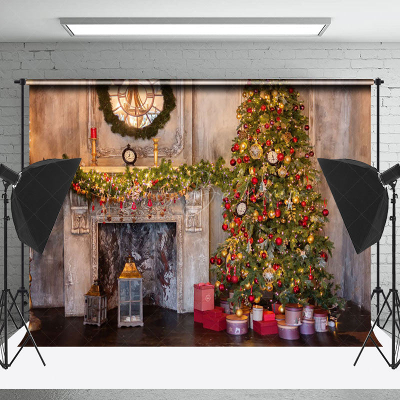 Lofaris Ancient Luxurious Fireplace Tree Christmas Backdrop