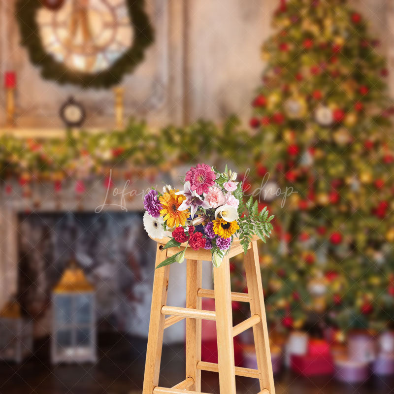 Lofaris Ancient Luxurious Fireplace Tree Christmas Backdrop