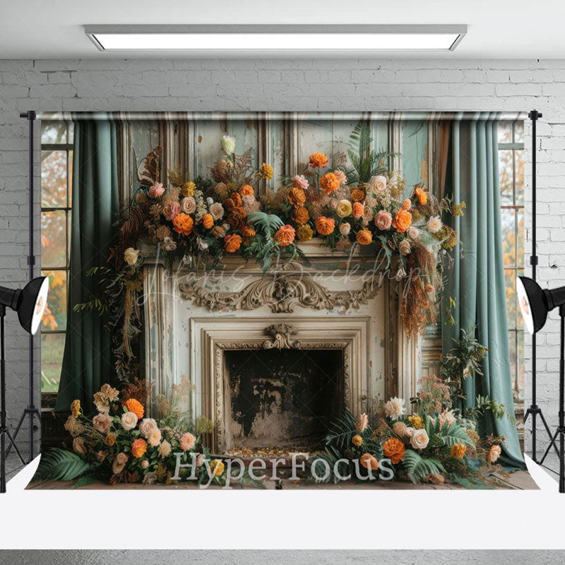 Lofaris Ancient Luxury Fireplace Floral Christmas Backdrop
