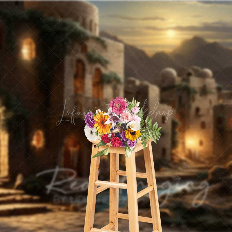 Lofaris Ancient Middle Eastern Village at Night Photography Backdrop Old Stone Buildings with Lanterns Biblical Prop