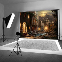 Lofaris Ancient Middle Eastern Village at Night Photography Backdrop Old Stone Buildings with Lanterns Biblical Prop