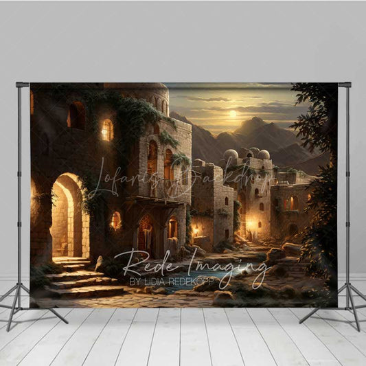 Lofaris Ancient Middle Eastern Village at Night Photography Backdrop Old Stone Buildings with Lanterns Biblical Prop