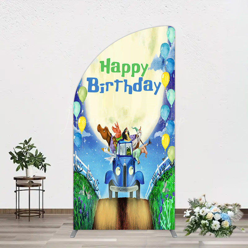 Lofaris Animals Blue Truck Balloons Birthday Half Moon Arch Backdrop