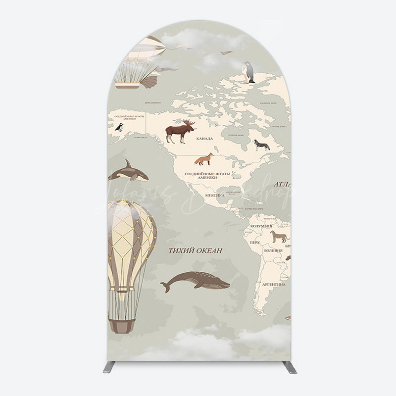 Lofaris Animals World Map Adventure Travel Arch Backdrop