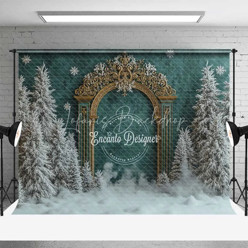 Lofaris Antique Gold Gate Christmas Backdrop Green Texture Snowy Pine Photography Background
