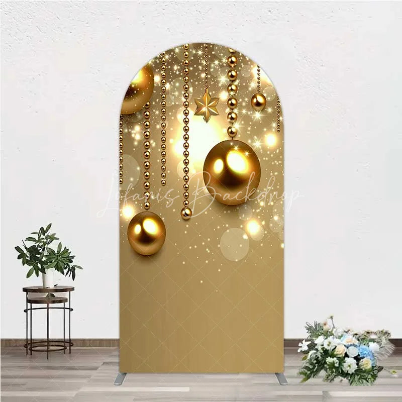 Lofaris Arch Backdrop Christmas Gold Baubles Luxury Hanging Ornaments Sparkle Cover