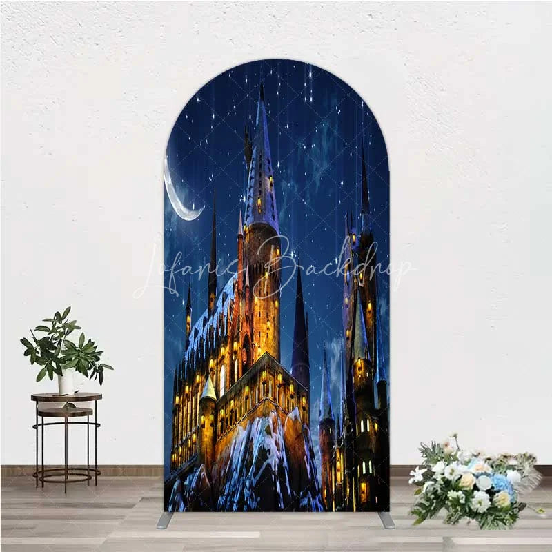 Lofaris Arch Backdrop Magic Castle Night Wizard School Winter Moon Starry Sky Cover