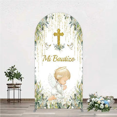 Lofaris Arch Backdrop Mi Bautizo Angel Gold Cross Cover Greenery Eucalyptus Baptism Chiara Wall Background Religious Decor