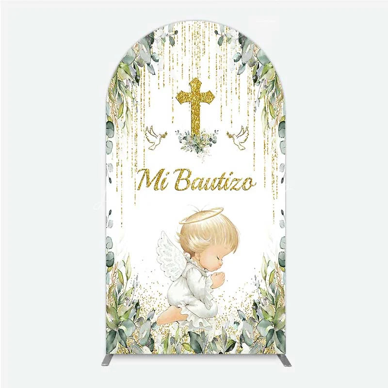 Lofaris Arch Backdrop Mi Bautizo Angel Gold Cross Cover Greenery Eucalyptus Baptism Chiara Wall Background Religious Decor