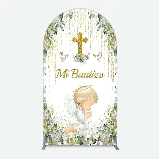 Lofaris Arch Backdrop Mi Bautizo Angel Gold Cross Cover Greenery Eucalyptus Baptism Chiara Wall Background Religious Decor