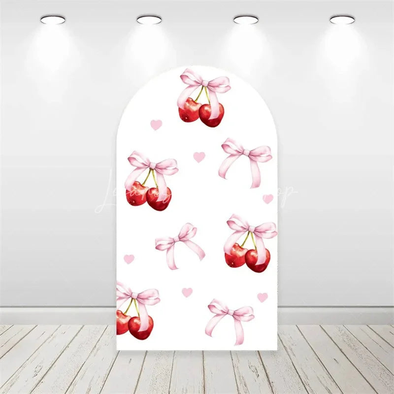 Lofaris Arch Backdrop Pink Cherry Checkered Pattern Coquette Bow Red Fruit Sweet Birthday Cover