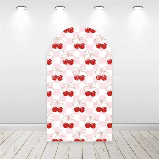 Lofaris Arch Backdrop Pink Cherry Checkered Pattern Coquette Bow Red Fruit Sweet Birthday Cover