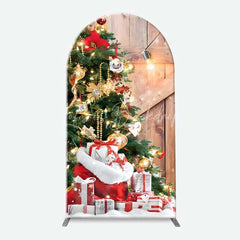 Lofaris Arch Backdrop Rustic Wood Christmas Barn Door Cover Red Wreath Pine Tree Winter Holiday Background Party Prop