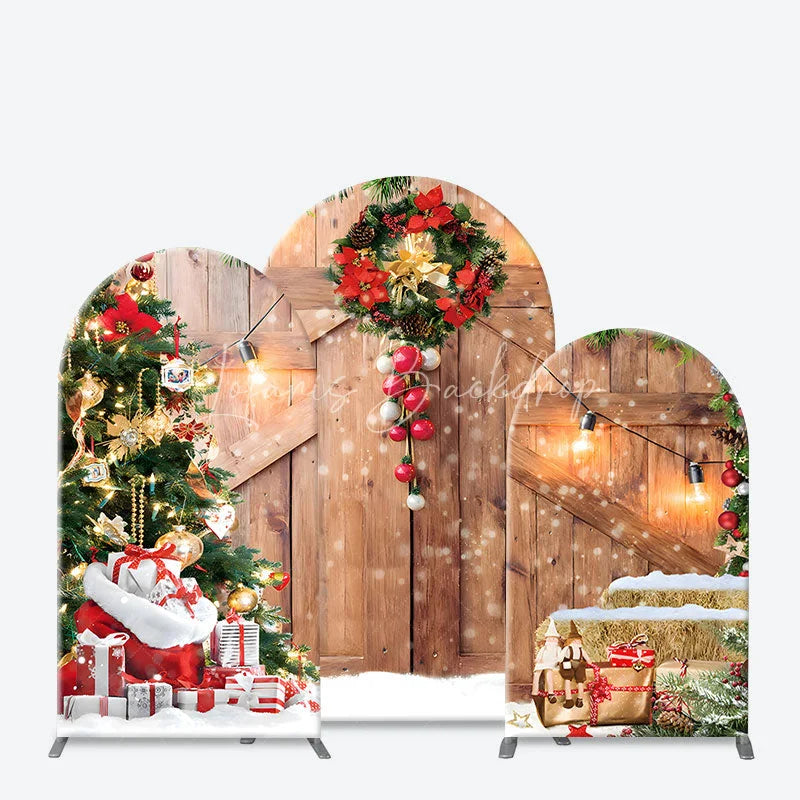 Lofaris Arch Backdrop Rustic Wood Christmas Barn Door Cover Red Wreath Pine Tree Winter Holiday Background Party Prop
