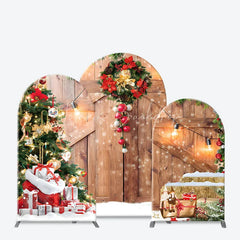 Lofaris Arch Backdrop Rustic Wood Christmas Barn Door Cover Red Wreath Pine Tree Winter Holiday Background Party Prop