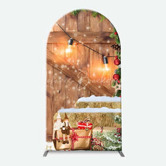 Lofaris Arch Backdrop Rustic Wood Christmas Barn Door Cover Red Wreath Pine Tree Winter Holiday Background Party Prop