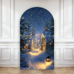 Lofaris Arch Backdrop Winter Night Street Lamp Snow Cover Magical Blue Forest Path Chiara Wall Background Christmas Decor