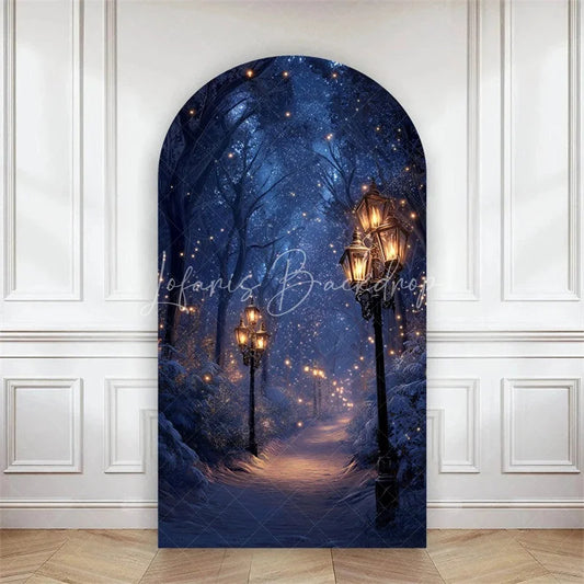 Lofaris Arch Backdrop Winter Night Street Lamp Snow Cover Magical Blue Forest Path Chiara Wall Background Christmas Decor