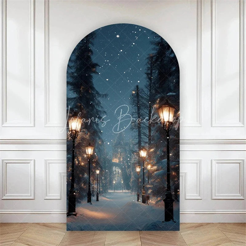 Lofaris Arch Backdrop Winter Night Street Lamp Snow Cover Magical Blue Forest Path Chiara Wall Background Christmas Decor