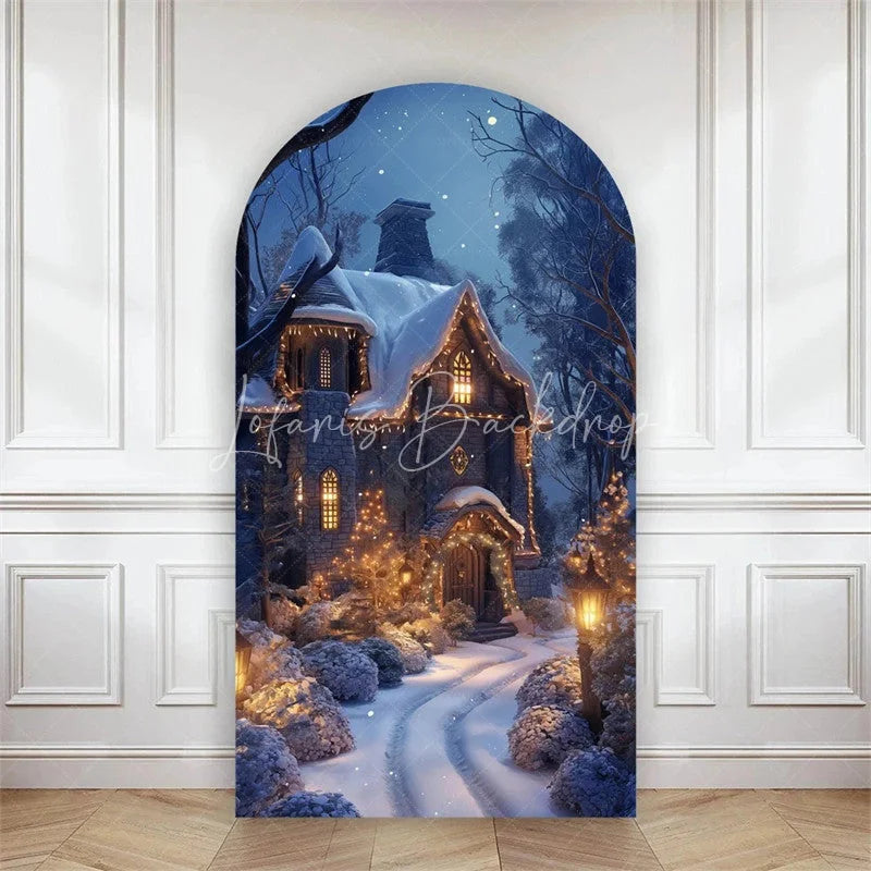 Lofaris Arch Backdrop Winter Night Street Lamp Snow Cover Magical Blue Forest Path Chiara Wall Background Christmas Decor