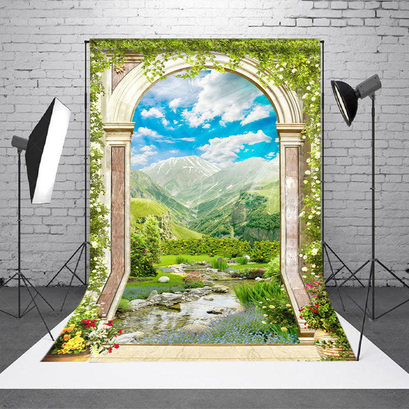 Lofaris Arch Spring Greenery Mountain Natural Scene Backdrop