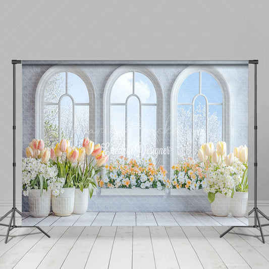 Lofaris Arch Window Tulip Floral Spring Photography Backdrop