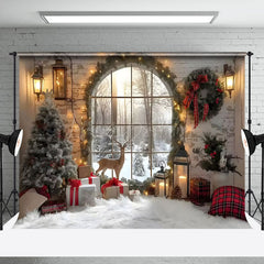 Lofaris Arched Window Deer Wreath Christmas Backdrop