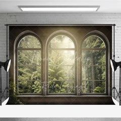 Lofaris Arched Window Forest View Photography Backdrop Sunlight Green Woods Nature Photo Background Indoor Scenery Booth Prop