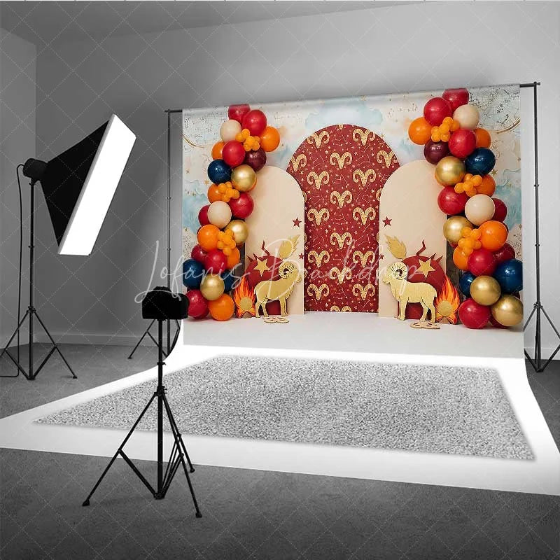 Lofaris Aries Zodiac Cake Smash Backdrop Red and Gold Ram Party Background for Astrology Birthday